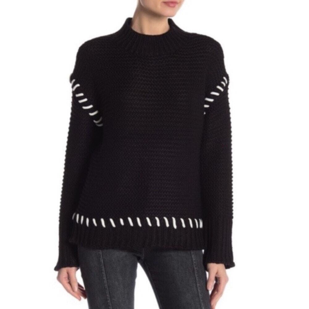 RDI Black White Chunky Knit Mock Neck Exposed Whipstitch Oversized Sweater XS